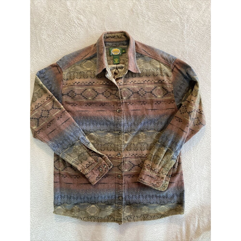 Cabelas Shirt Women's Large Green Red Flannel Aztec Southwestern Chamois Button